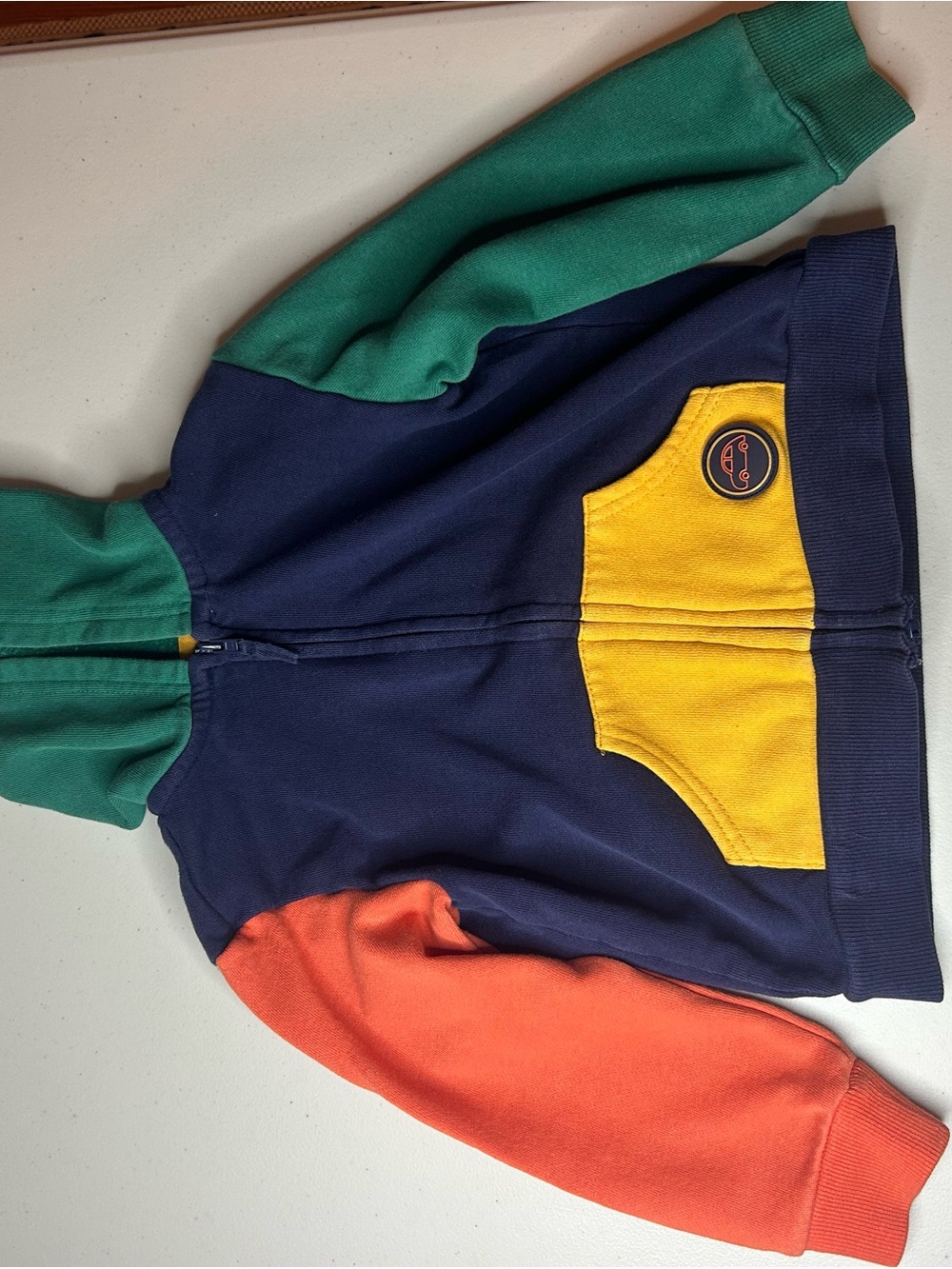 Little Me Navy Zip Hoodie with Green Hood, Yellow Pocket & Orange Sleeve